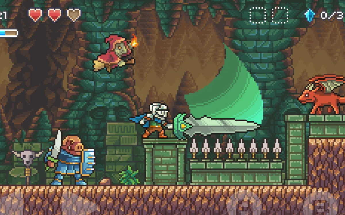 Schermata di gioco di Goblin Sword: il protagonista sferra un fendente con una grande spada su una piattaforma di pietra verde, mentre una strega su una scopa vola in alto a sinistra e un nemico corazzato attende accanto a una fila di spuntoni.