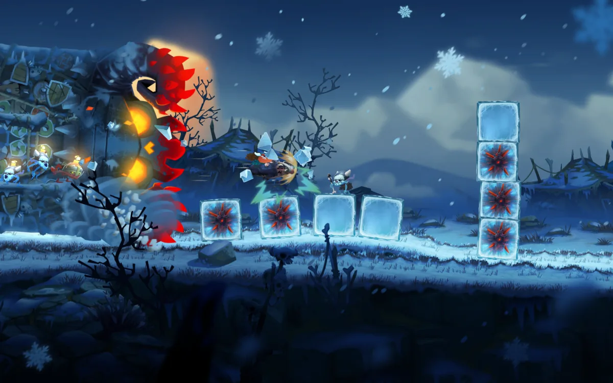 Schermata di gioco di Oddmar: un vichingo salta tra blocchi di ghiaccio con spuntoni rossi in un paesaggio innevato notturno, con una grande creatura serpentiforme che emerge da una struttura a sinistra.