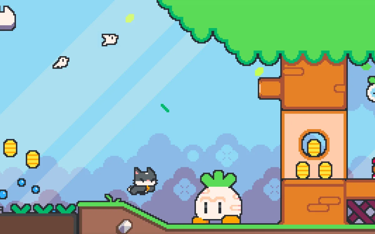 Schermata di gioco di Super Cat Tales 2: un gatto salta su un terreno erboso accanto a una creatura bianca a forma di rapa, con monete gialle, un albero verde e una torre di legno sotto un cielo azzurro.